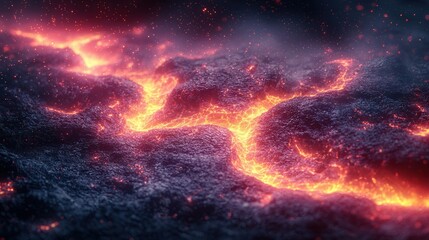 A mesmerizing view of a flowing lava river on a volcanic surface, showcasing glowing red and orange hues against a dark background with particles.