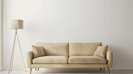 Minimalist living room with beige sofa and floor lamp in natural sunlight