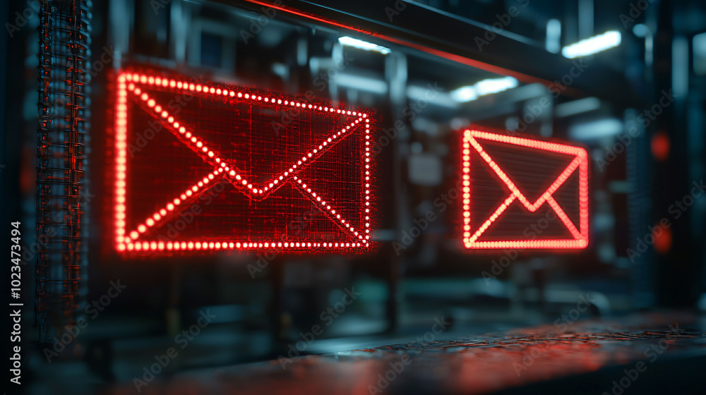 Poster red illuminated email icons symbolize alerts for inbox and spam messages, highlighting importance of