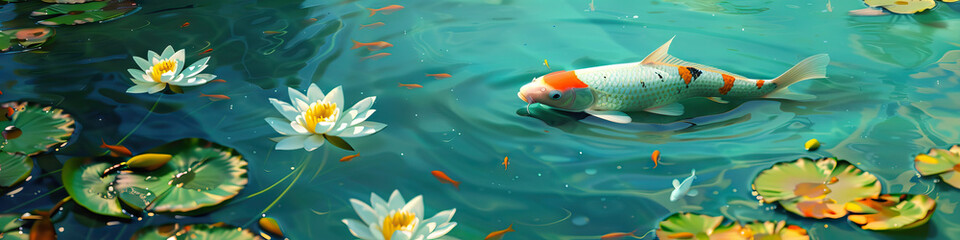 Naklejka premium An ethereal view of a Japanese koi pond with Koi fish swimming amidst water lilies in serene blue-green water.
