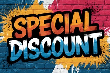 A colorful poster with the words "Special Discount" written in bold letters. The poster features a brick wall with splatters of paint, giving it a vibrant and energetic feel