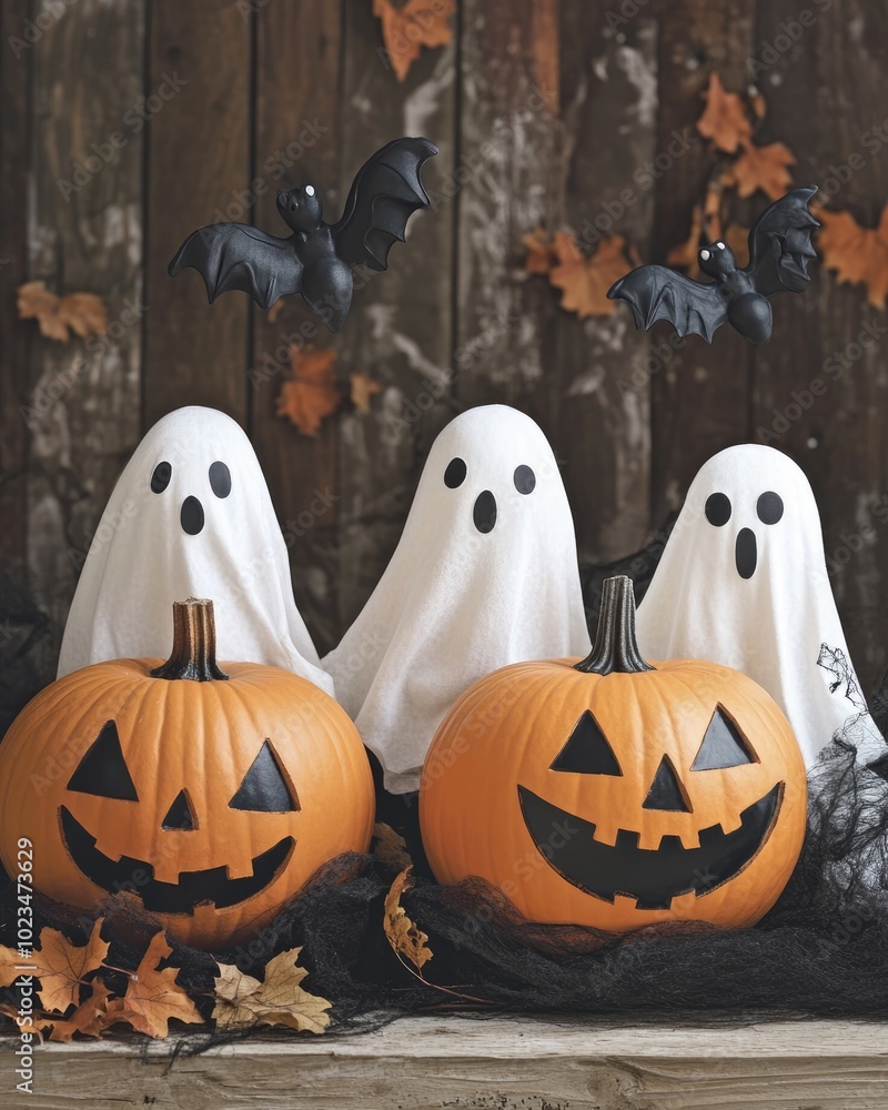 Poster Halloween decorations featuring ghost pumpkins and spooky elements on a wooden background