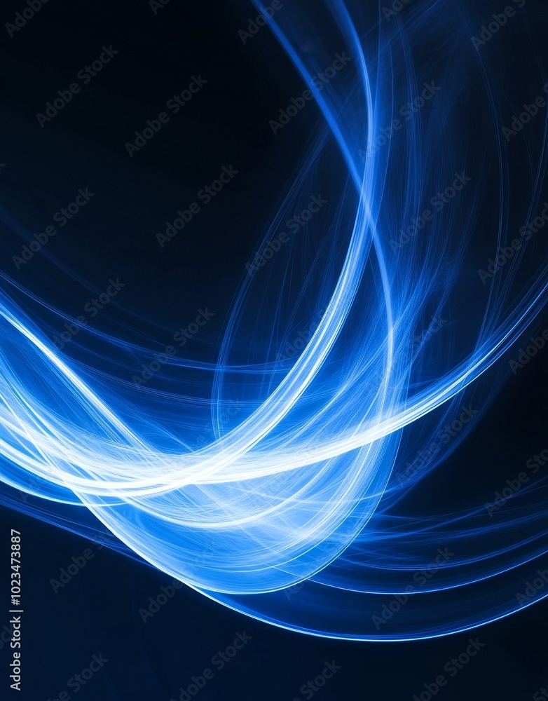 Poster on a black background, shining curve light trail lines appear.