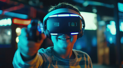 Child wearing virtual reality headset while playing video game in arcade