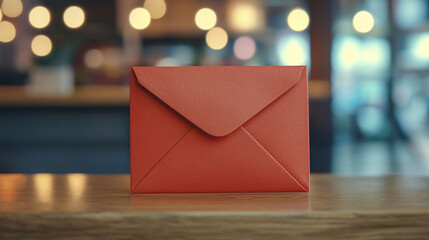 vibrant red envelope sits on wooden table, symbolizing communication and connection. blurred background adds warm, inviting atmosphere, perfect for conveying messages