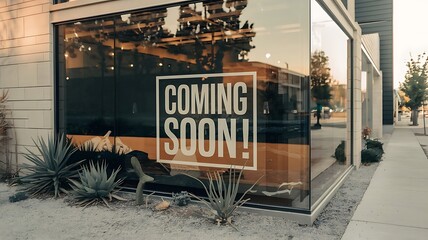 A large "Coming Soon" sign is prominently displayed on a glass storefront, signaling the opening of a new business