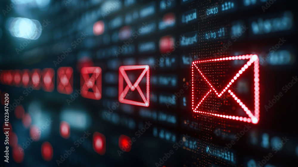 Poster digital representation of overflowing email inbox, featuring glowing red envelope icons against dark
