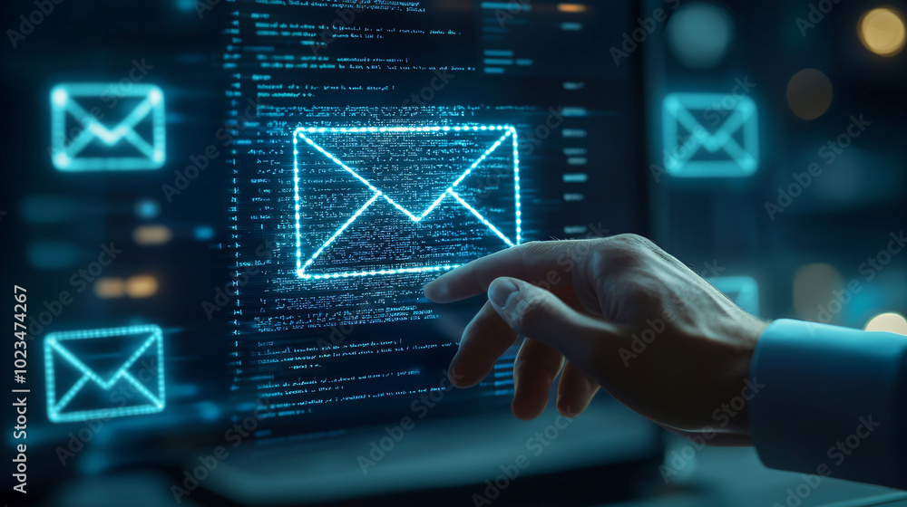 Poster hand reaching towards digital screen displaying glowing email icons and code, symbolizing modern com