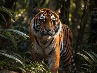 Obraz premium Tiger walks hunts in the forest big cat