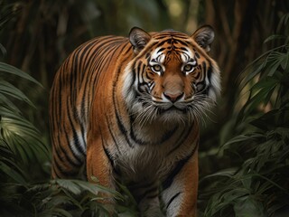 Tiger walks hunts in the forest