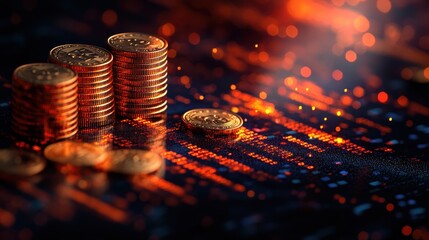 Fototapeta premium A collection of stacked coins glimmers on a dark surface, illuminated by warm, fiery tones, creating an abstract yet captivating financial scene.