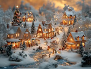 charming christmas village scene, adorned with twinkling lights, snow-covered rooftops, and festive decorations, evoking warmth and nostalgia during the holiday season