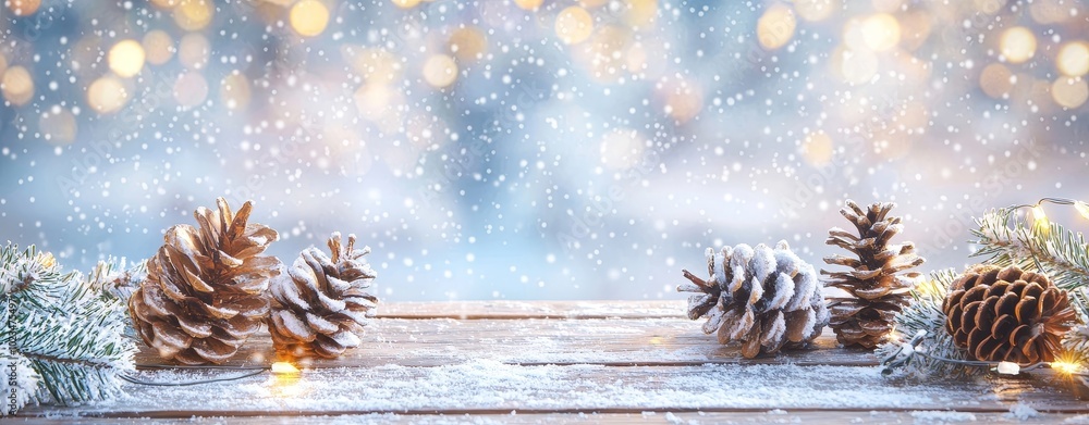 Aufkleber Branches of pine and pinecones on a snowy table with Christmas lights