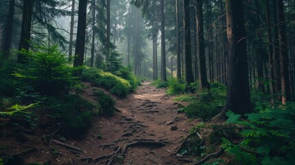 Obraz premium Sunbeams in the Mysterious Pine Forest