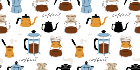 Coffee makers. French press filter and cezve for turkish coffee, chemex, moka pot. Cafe or bakery equipment for morning energy hot drinks, Flat cartoon vector seamless pattern