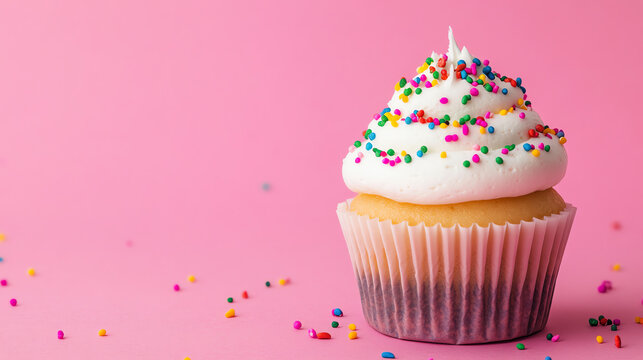 Delicious cupcake with white frosting and colorful sprinkles on a pink background, perfect for dessert lovers and celebration themes.