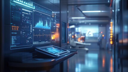 Obraz premium A futuristic control room with advanced displays and equipment for monitoring and analysis.