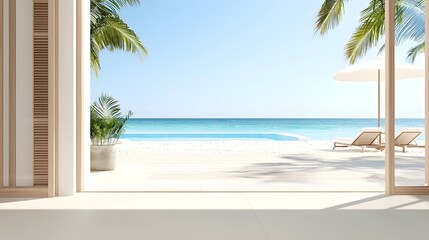 Fototapeta premium Coastal Luxury Retreat with Ocean View - Elegant Chic Design and Warm Sunlight Create a Calming Elite Comfort Experience
