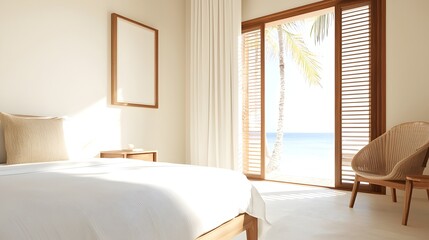 Obraz premium Luxurious Beachfront Suite with Stunning Sea View - Elegant Design Natural Light Cozy Ambiance for Ultimate Relaxation
