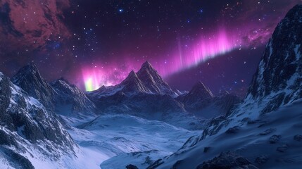 A breathtaking cosmic landscape featuring mountains and auroras under a starry sky.