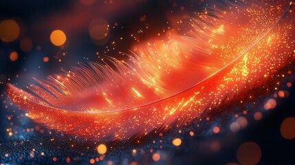An artistic representation of a glowing feather with bright orange hues and sparkling details against a blurred dark background, creating a creative and isolated effect.