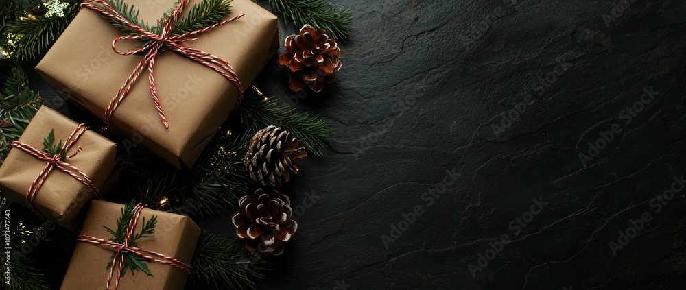 Poster a flat lay of a gift box against a holiday background with fir branches and pine cones. bokeh, spark