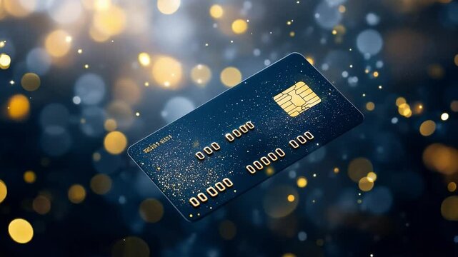 A credit card hovers above a shimmering golden bokeh background, concept of online payments and ecommerce