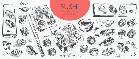 Asian food background with different types of sushi, sashimi and rolls with salmon fish, caviar, nori, rice, crab, prawn.