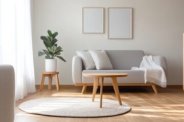 Modern Scandinavian Interior of a Living Room with Grey Sofa, Potted Plants, and White-Walled Paintings
