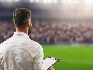 A sports coach observes players on the field, clipboard in hand, ready to strategize in a dynamic and energetic sporting environment.