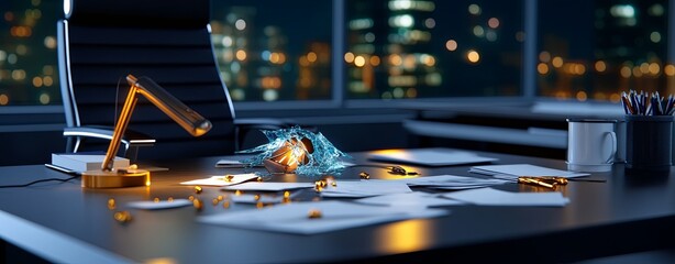 Obraz premium Empty Office Desk with Broken Items at Night