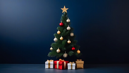Fototapeta premium christmas tree made various decorations dark blue background