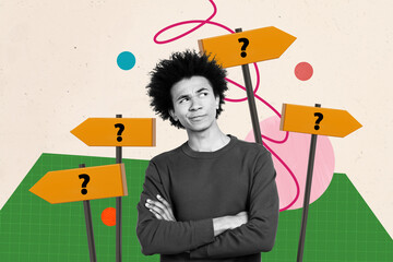 Composite photo collage of minded american guy think turn road sign pointer question mark dilemma travel isolated on painted background