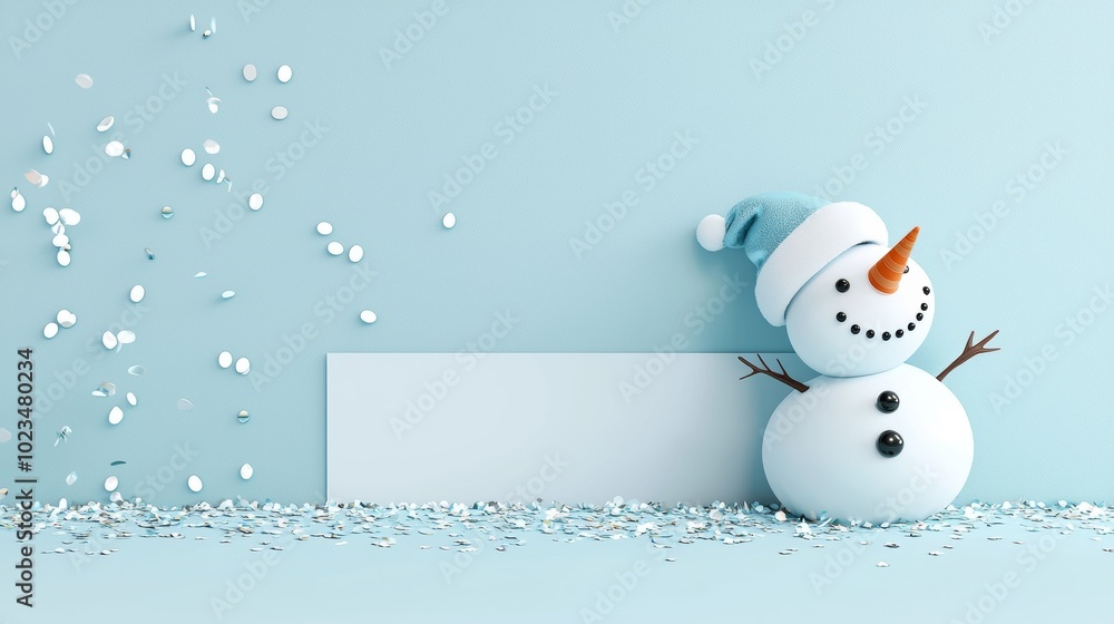 Poster the image is a mockup of a christmas greeting card featuring a 3d snowman holding a banner, staring 