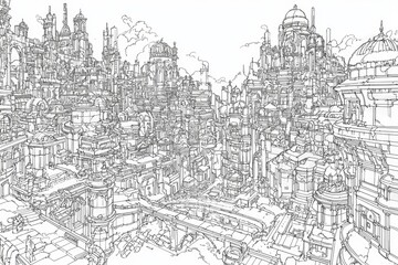 Intricate sketch of a fantastical cityscape filled with towers, bridges, and elaborate structures, showcasing a unique architectural vision.