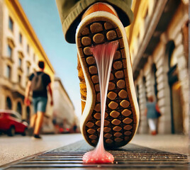 chewing gum under the shoe pulls threads