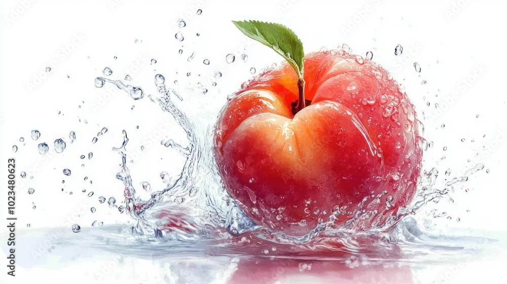 Poster a single red apple splashing into water with a green leaf