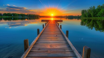 Fototapeta premium Sunset Over a Tranquil Lake with a Wooden Dock