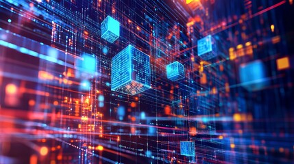 Fototapeta premium 3D Illustration of Nanotech Cubes in Cyberspace: Blockchain Technology Creating a Decentralized Global Database Structure with Information Blocks
