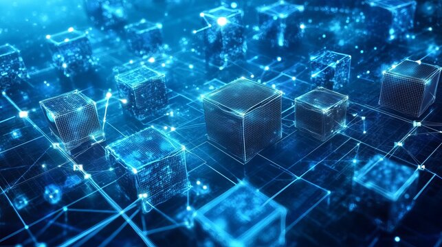 3D Illustration of Nanotech Cubes in Cyberspace: Blockchain Technology Creating a Decentralized Global Database Structure with Information Blocks