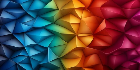 Obraz premium A vibrant abstract gradient formed by the interplay of overlapping three-dimensional geometric shapes in a spectrum of blues, greens, yellows, oranges, and reds.