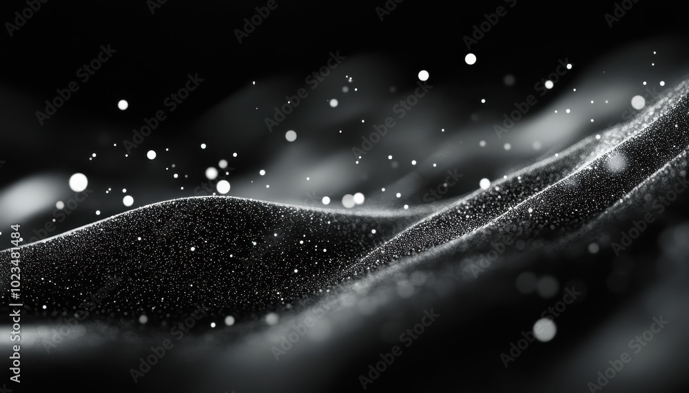 Poster abstract black and white glittering wavy surface with bokeh lights