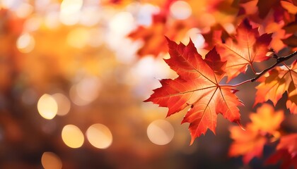 Elegant web banner showcasing vibrant red and yellow maple leaves against a blurred autumn background. Generative AI