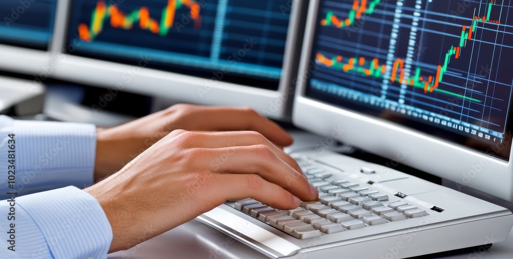 Aufkleber person using multiple computer screens to monitor stock market trends and security data
