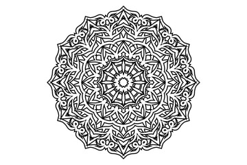 Black and white mandala art featuring an intricate circular design with perfect symmetry