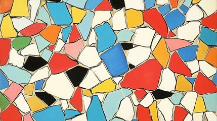 A colorful mosaic pattern featuring various geometric shapes and vibrant colors.