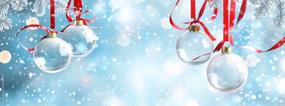 Poster with copyspace, an empty christmas bauble is displayed over a snowy background