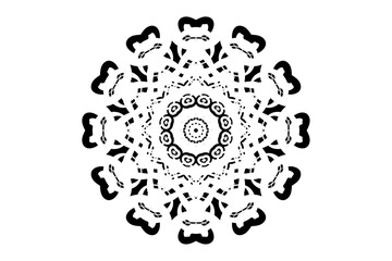 Black and white mandala sketch with intricate line work and unique shapes in a circular motif