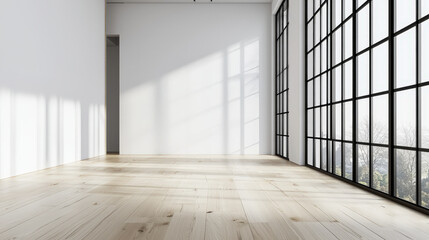 Spacious empty room with large windows and wooden floors, filled with natural light