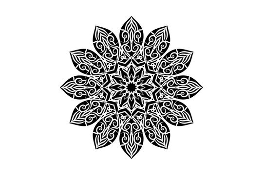 Elegant symmetry in black and white circular mandala pattern with flowing curves